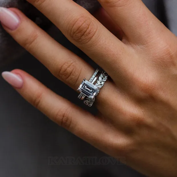 Emerald Cut Diamond White Solitaire 3-Piece 925 Sterling Silver Ring Set