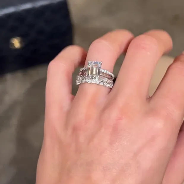 Emerald Cut Diamond White Solitaire 3-Piece 925 Sterling Silver Ring Set