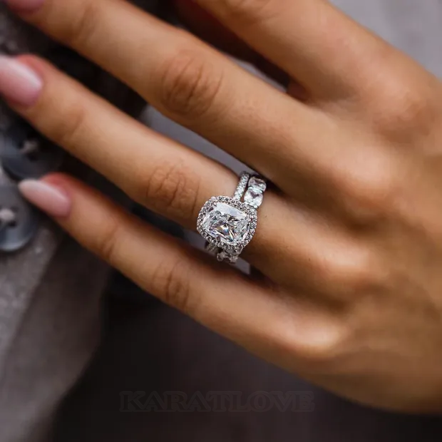 Cushion Cut Diamond White Halo 925 Sterling Silver Ring Set Cushion Cut Diamond White Halo 925 Sterling Silver Ring Set