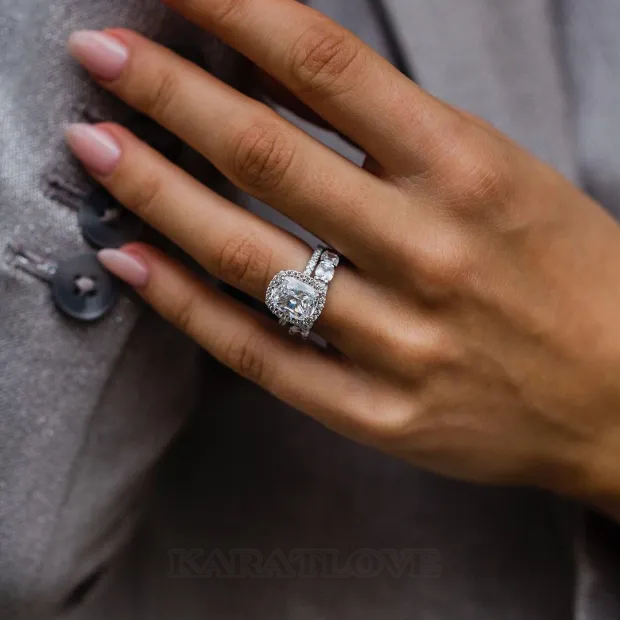 Cushion Cut Diamond White Halo 925 Sterling Silver Ring Set