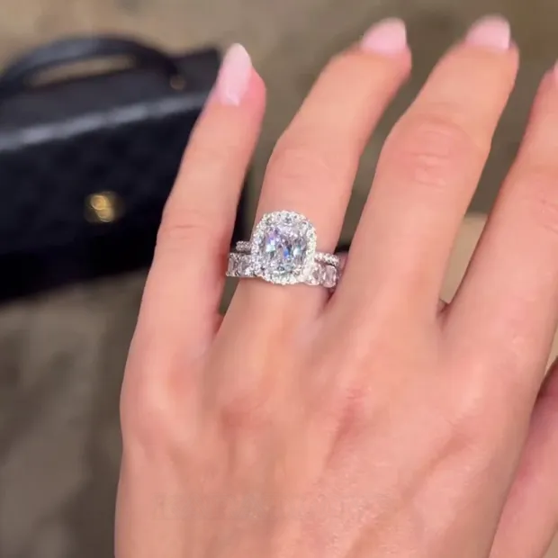 Cushion Cut Diamond White Halo 925 Sterling Silver Ring Set