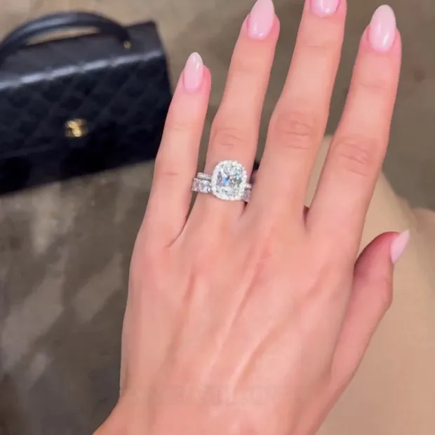 Cushion Cut Diamond White Halo 925 Sterling Silver Ring Set