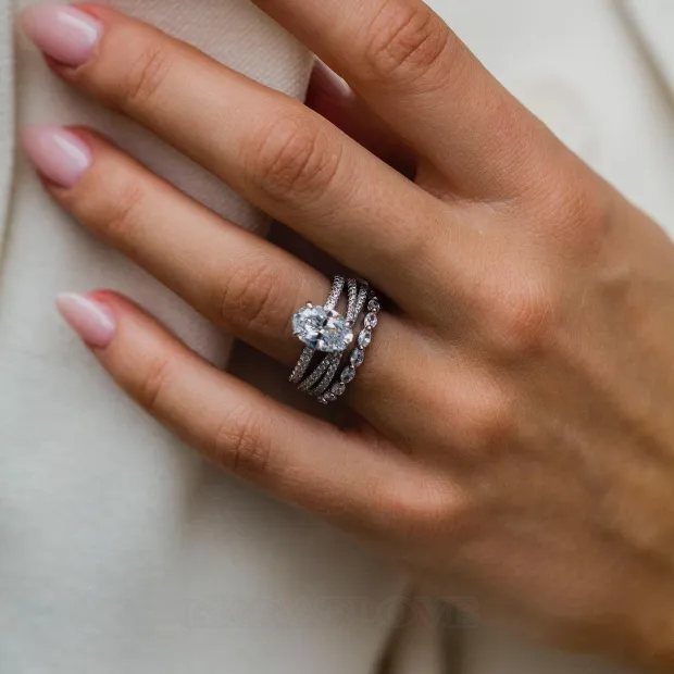 Oval Cut Diamond White Classic 3-Piece 925 Sterling Silver Ring Set