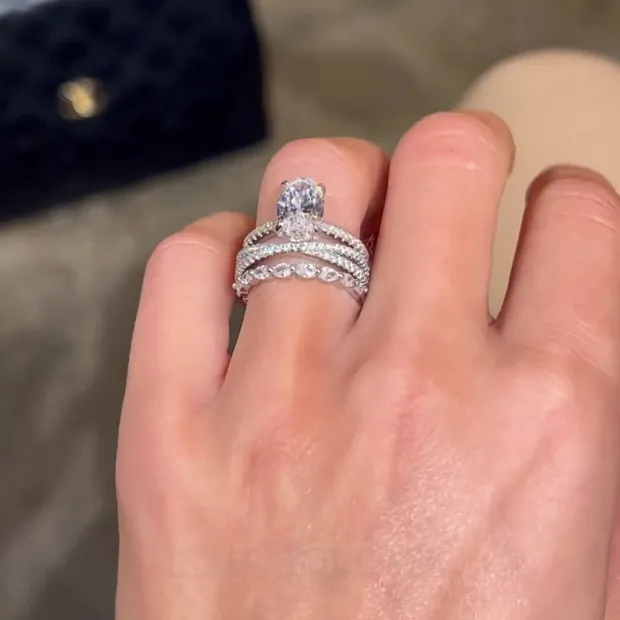 Oval Cut Diamond White Classic 3-Piece 925 Sterling Silver Ring Set