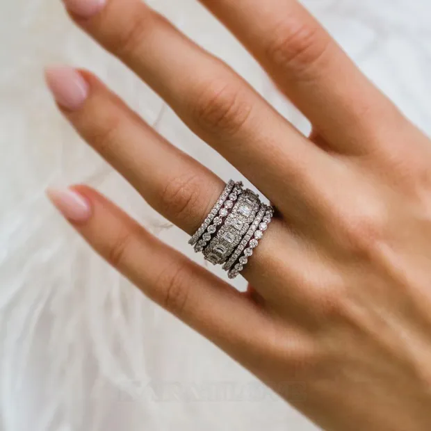 Emerald Cut Diamond White 5-Piece 925 Sterling Silver Band Ring Set Emerald Cut Diamond White 5-Piece 925 Sterling Silver Band Ring Set