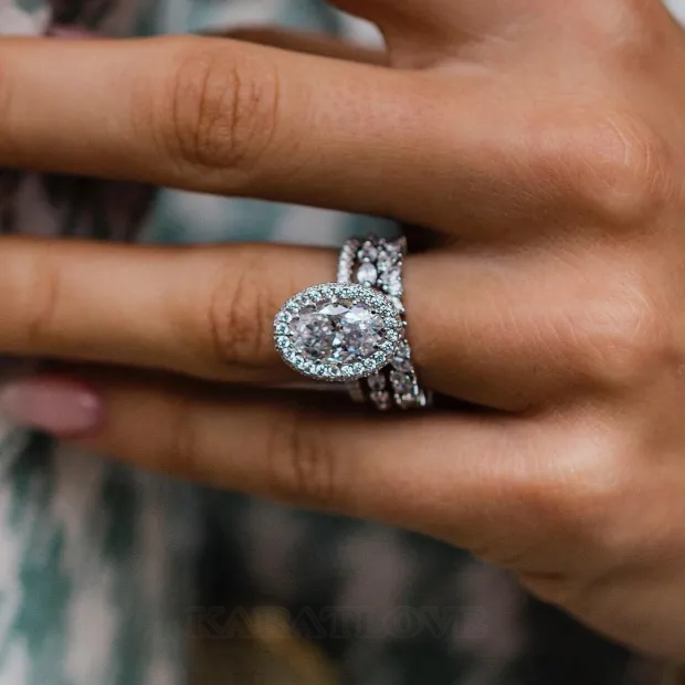 Oval Cut Diamond White Halo 3-Piece 925 Sterling Silver Ring Set