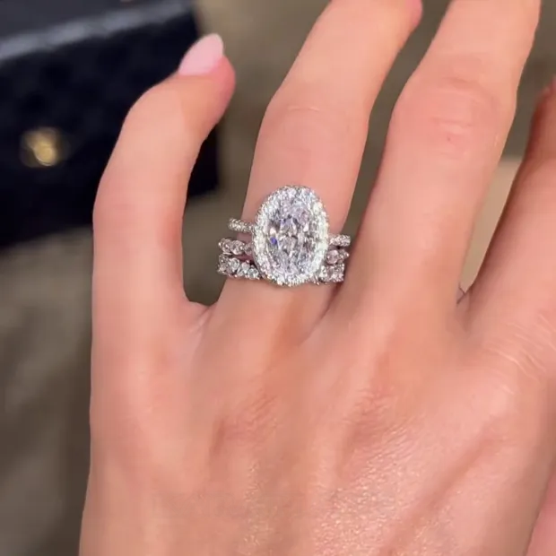 Oval Cut Diamond White Halo 3-Piece 925 Sterling Silver Ring Set