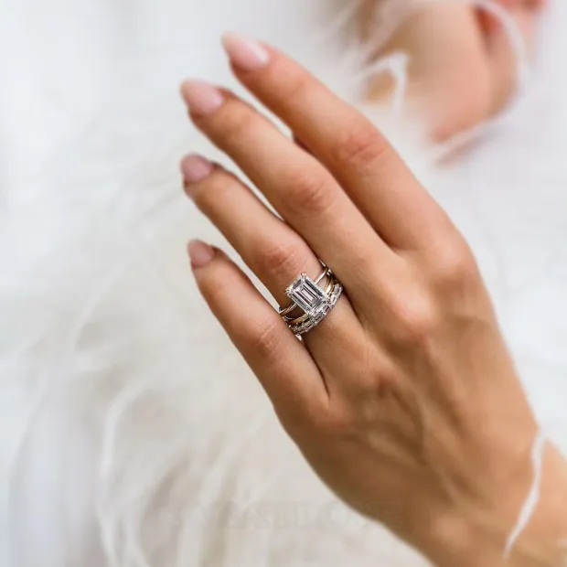 Emerald Cut Diamond White Solitaire 3-Piece 925 Sterling Silver Ring Set
