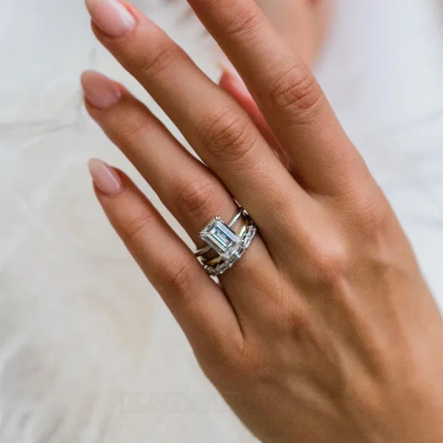 Emerald Cut Diamond White Solitaire 3-Piece 925 Sterling Silver Ring Set