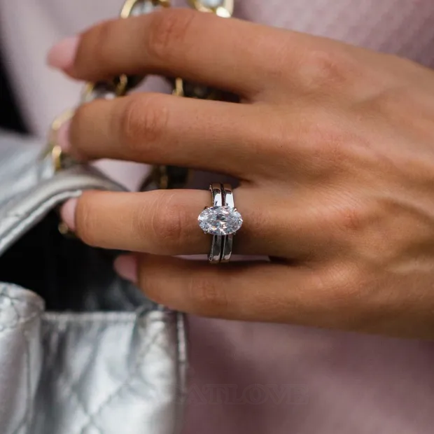 Oval Cut Diamond White Classic 925 Sterling Silver Ring Set
