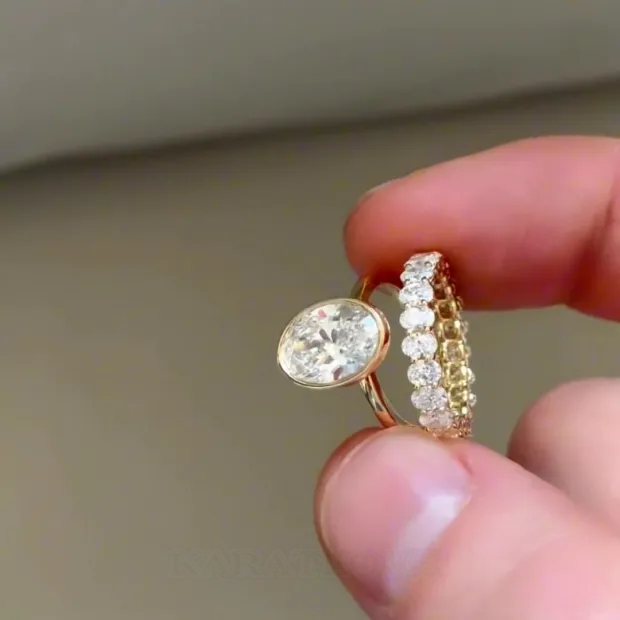 Oval Cut Diamond White Solitaire Yellow Gold 925 Sterling Silver Ring Set