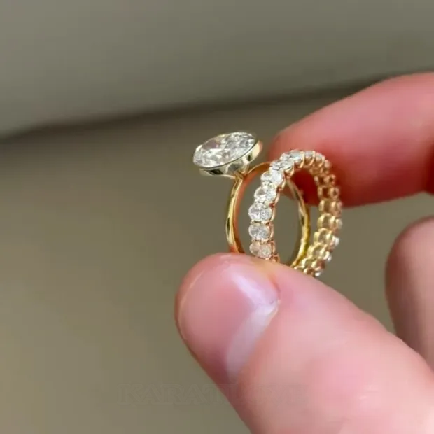 Oval Cut Diamond White Solitaire Yellow Gold 925 Sterling Silver Ring Set