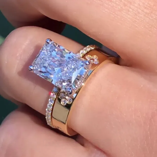 Radiant Cut Diamond White Classic 925 Sterling Silver Ring Set