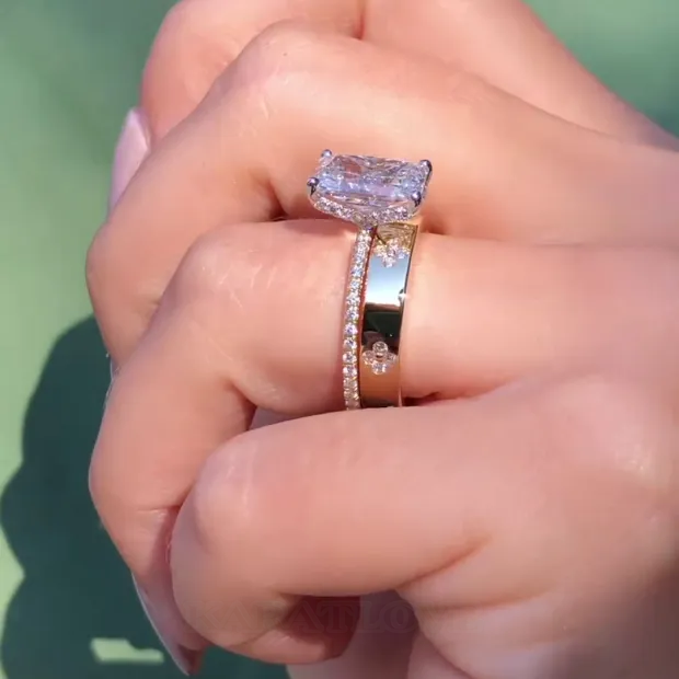 Radiant Cut Diamond White Classic 925 Sterling Silver Ring Set