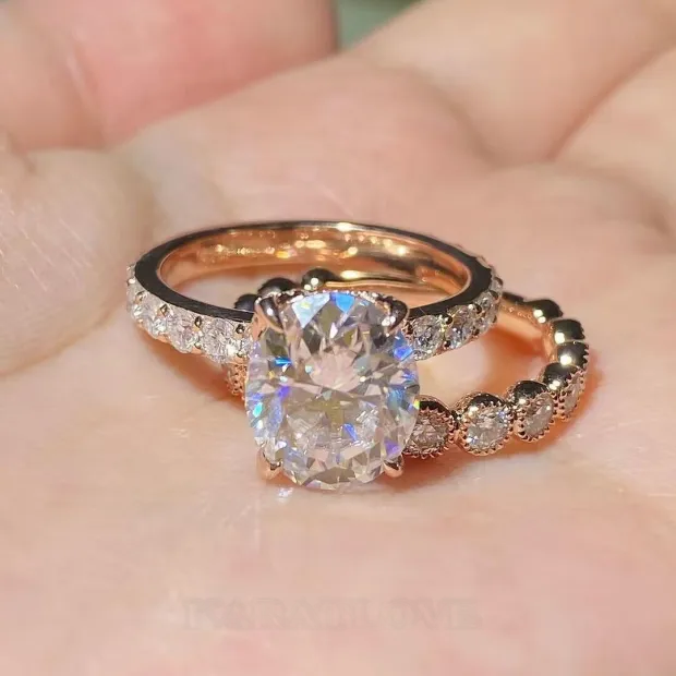 Oval Cut Diamond White Classic Rose Gold 925 Sterling Silver Ring Set