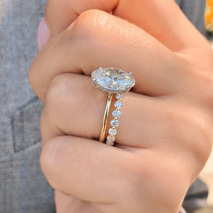 Oval Cut Diamond White 925 Sterling Silver Yellow Gold Hidden Halo Ring Set