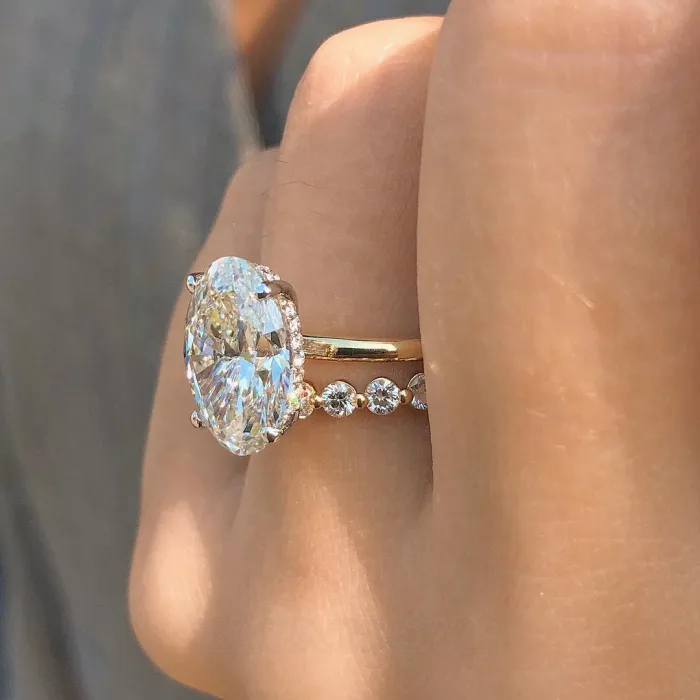 Oval Cut Diamond White 925 Sterling Silver Yellow Gold Hidden Halo Ring Set