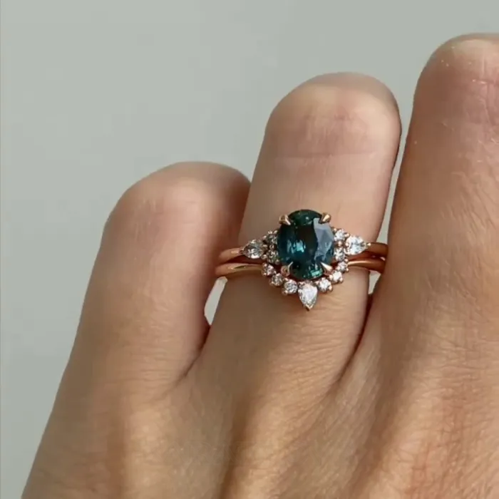 Oval Cut 925 Sterling Silver Rose Gold Classic Ring Set