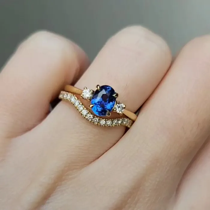 Oval Cut Sapphire Blue 925 Sterling Silver Yellow Gold 3-Stone Ring Set