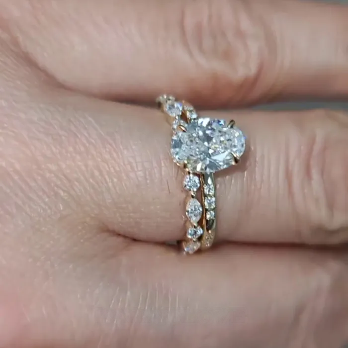 Oval Cut Diamond White 925 Sterling Silver Yellow Gold Ring Set Oval Cut Diamond White 925 Sterling Silver Yellow Gold Ring Set