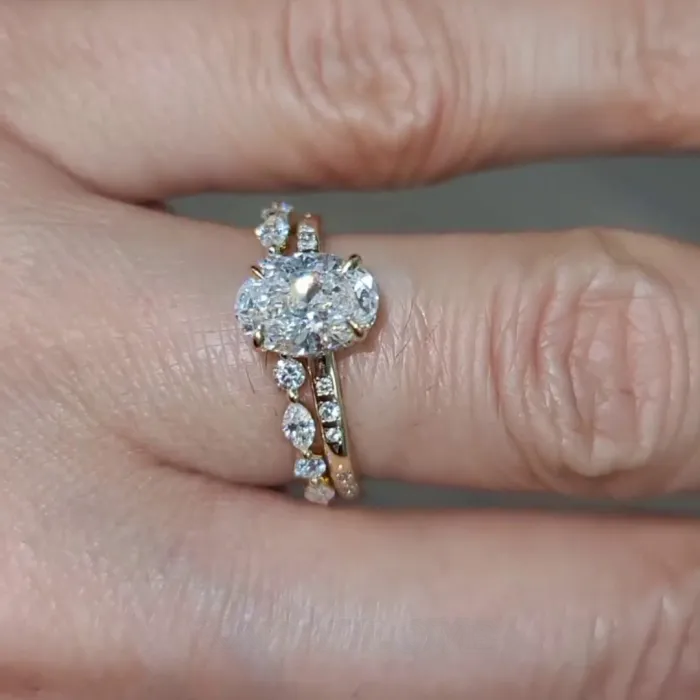 Oval Cut Diamond White 925 Sterling Silver Yellow Gold Ring Set