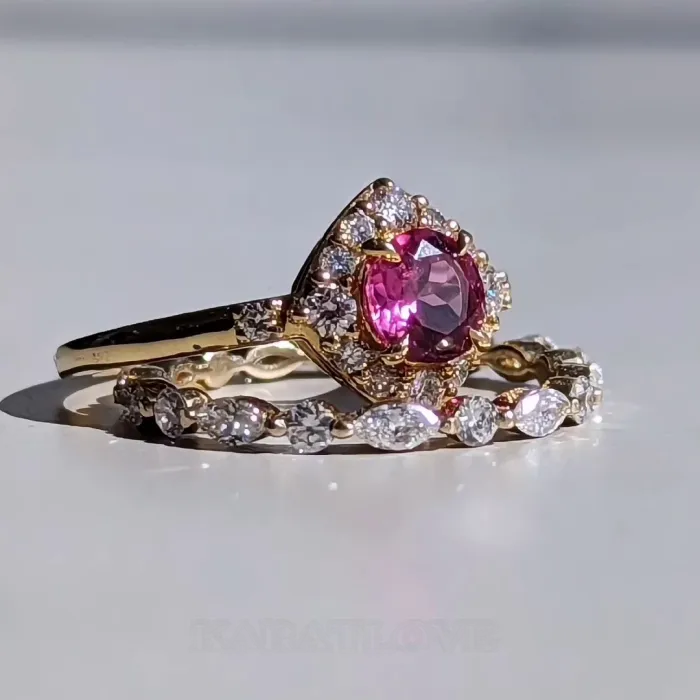 Round Cut Fancy Pink 925 Sterling Silver Yellow Gold Halo Ring Set