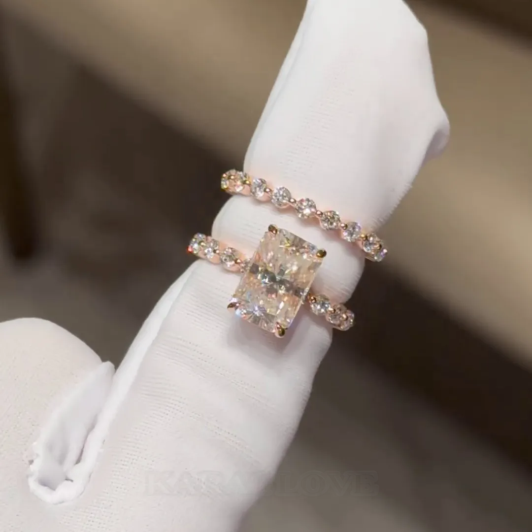 Radiant Cut Diamond White Hidden Halo 925 Sterling Silver Rose Gold Ring Set