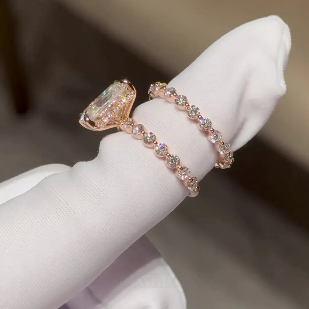 Radiant Cut Diamond White Hidden Halo 925 Sterling Silver Rose Gold Ring Set