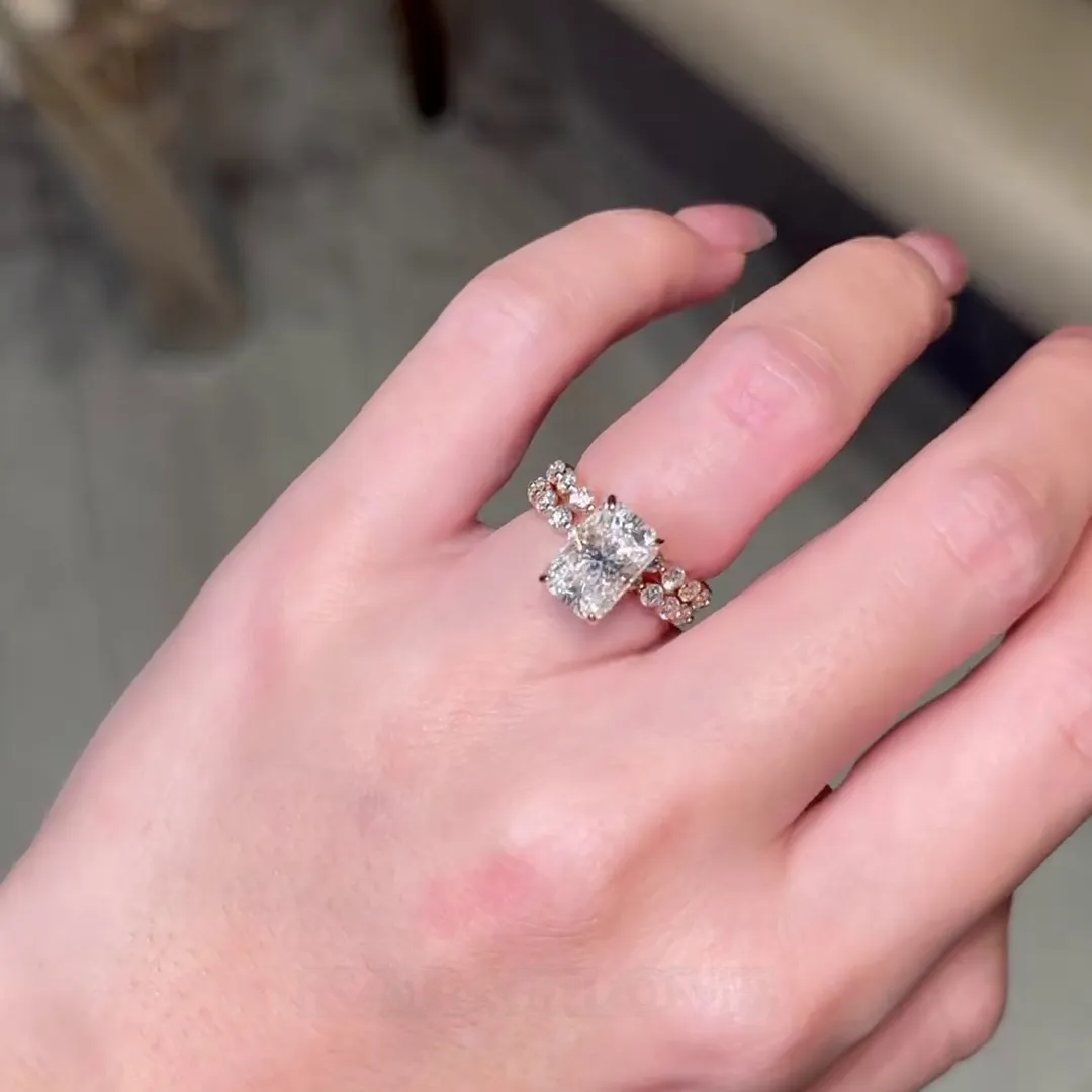 Radiant Cut Diamond White Hidden Halo 925 Sterling Silver Rose Gold Ring Set