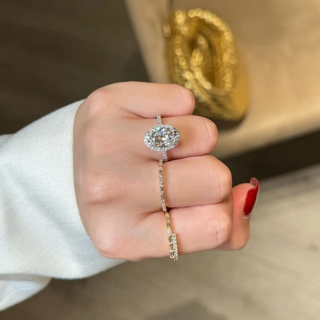 Oval Cut Diamond White Halo 925 Sterling Silver Yellow Gold 3-Piece Ring Set