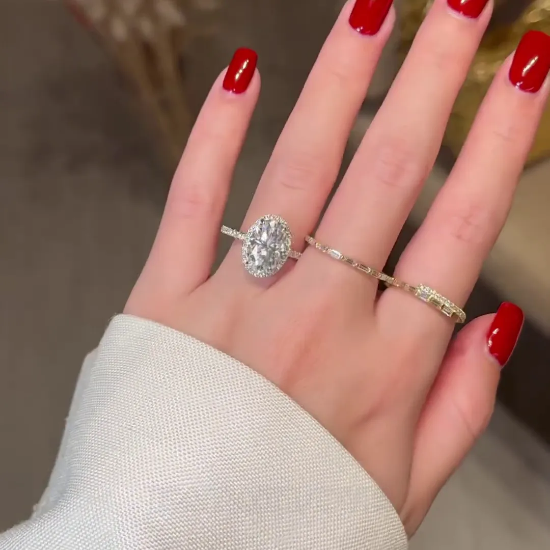 Oval Cut Diamond White Halo 925 Sterling Silver Yellow Gold 3-Piece Ring Set