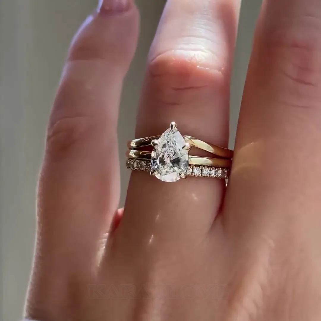 Pear Cut Diamond White Classic 925 Sterling Silver Yellow Gold 3-Piece Ring Set Pear Cut Diamond White Classic 925 Sterling Silver Yellow Gold 3-Piece Ring Set