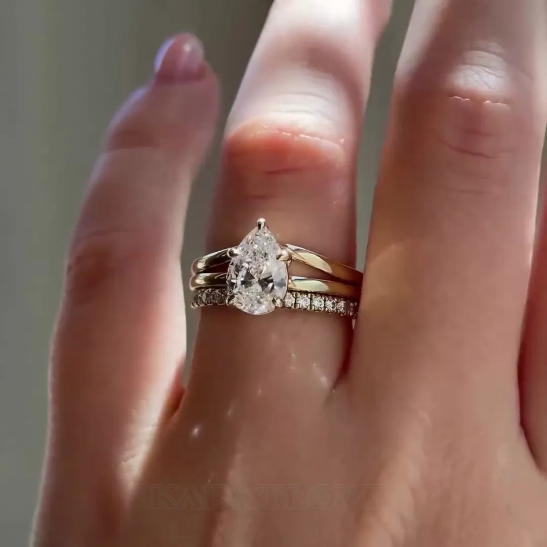 Pear Cut Diamond White Classic 925 Sterling Silver Yellow Gold 3-Piece Ring Set