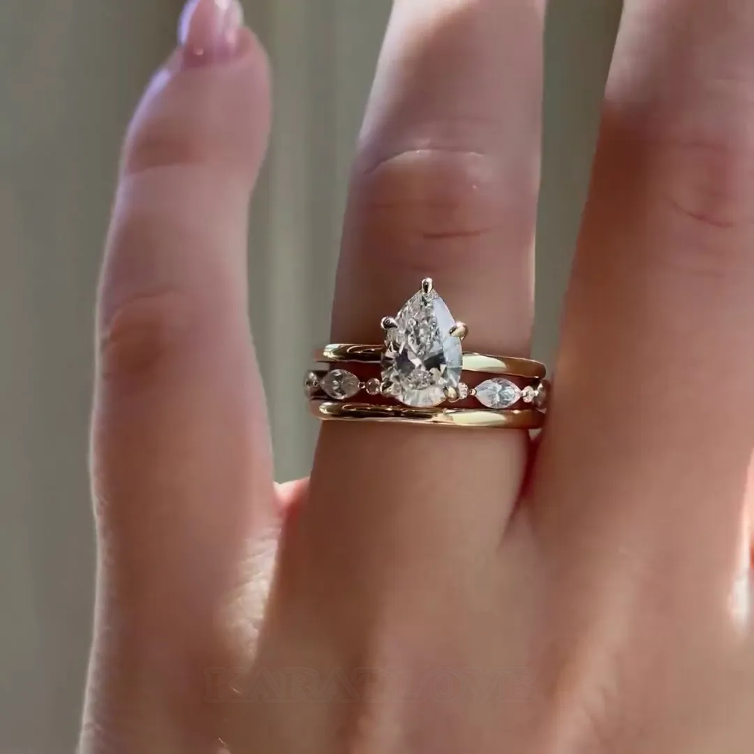 Pear Cut Diamond White Classic 925 Sterling Silver Yellow Gold 3-Piece Ring Set Pear Cut Diamond White Classic 925 Sterling Silver Yellow Gold 3-Piece Ring Set