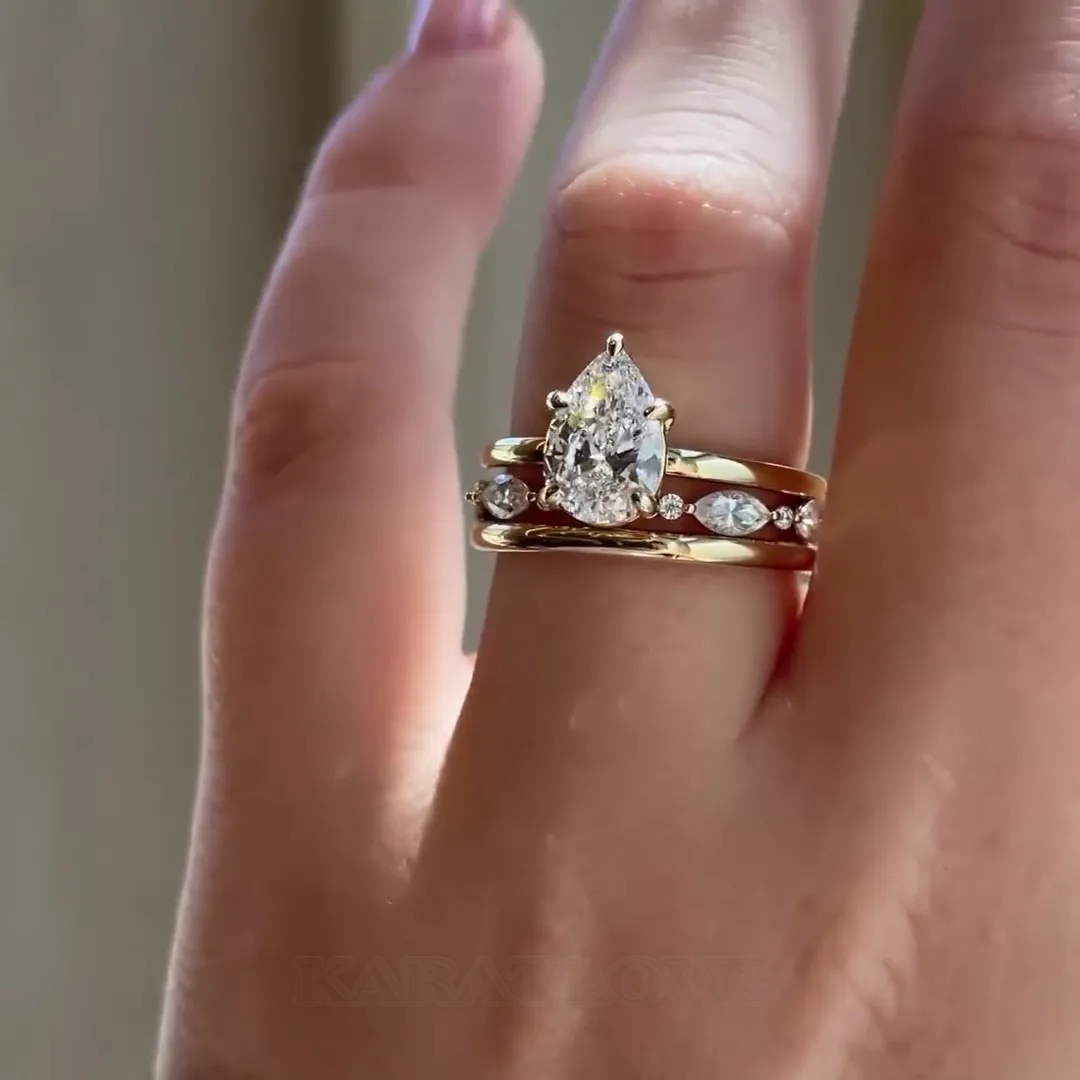 Pear Cut Diamond White Classic 925 Sterling Silver Yellow Gold 3-Piece Ring Set