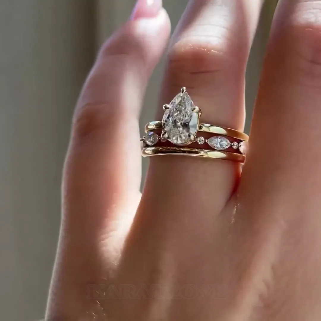 Pear Cut Diamond White Classic 925 Sterling Silver Yellow Gold 3-Piece Ring Set