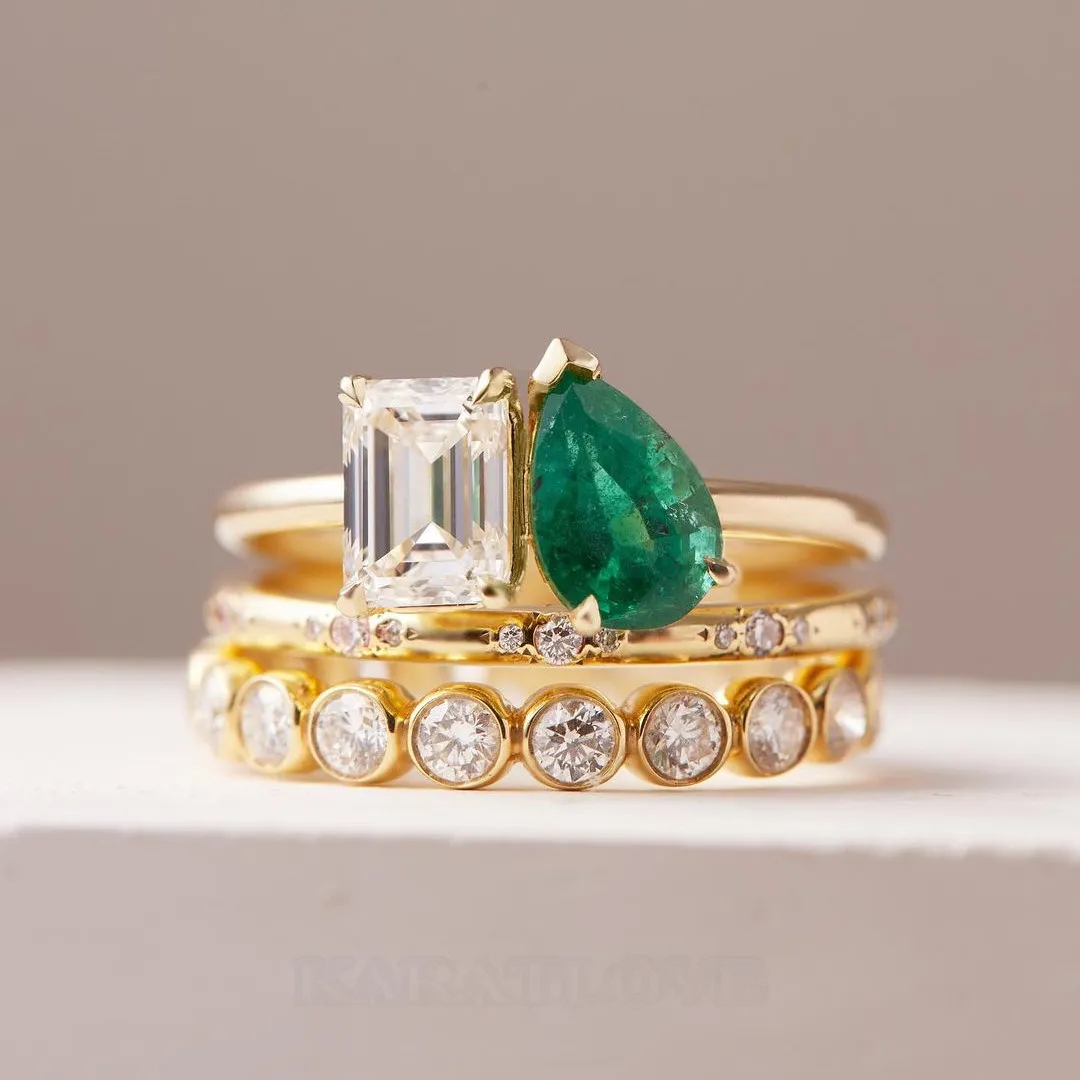 Emerald Cut Diamond White Pear Cut Emerald Green 925 Sterling Silver Yellow Gold 3-Piece Ring Set Emerald Cut Diamond White Pear Cut Emerald Green 925 Sterling Silver Yellow Gold 3-Piece Ring Set