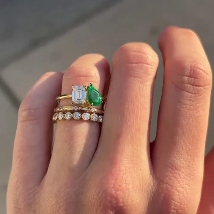 Emerald Cut Diamond White Pear Cut Emerald Green 925 Sterling Silver Yellow Gold 3-Piece Ring Set