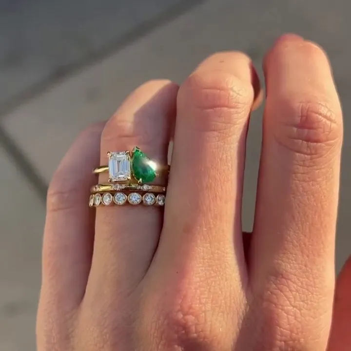 Emerald Cut Diamond White Pear Cut Emerald Green 925 Sterling Silver Yellow Gold 3-Piece Ring Set