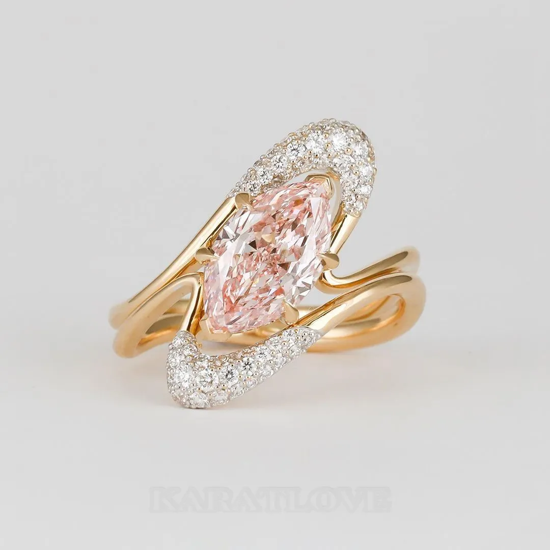 Marquise Cut Fancy Pink 925 Sterling Silver Yellow Gold Art Deco Ring Set