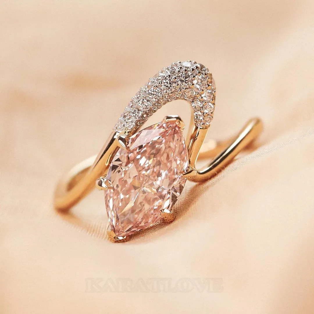 Marquise Cut Fancy Pink 925 Sterling Silver Yellow Gold Art Deco Ring Set