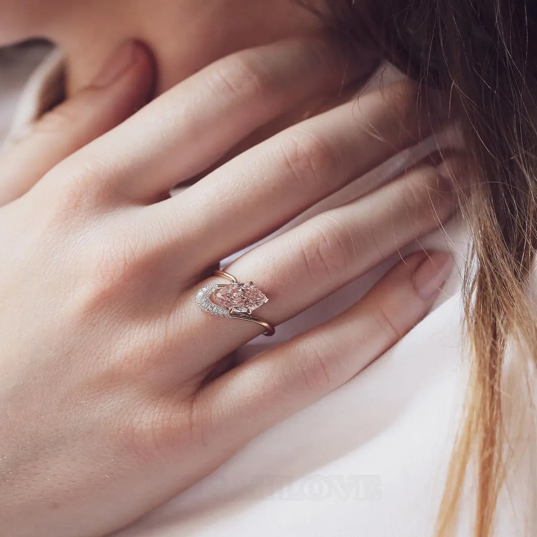 Marquise Cut Fancy Pink 925 Sterling Silver Yellow Gold Art Deco Ring Set