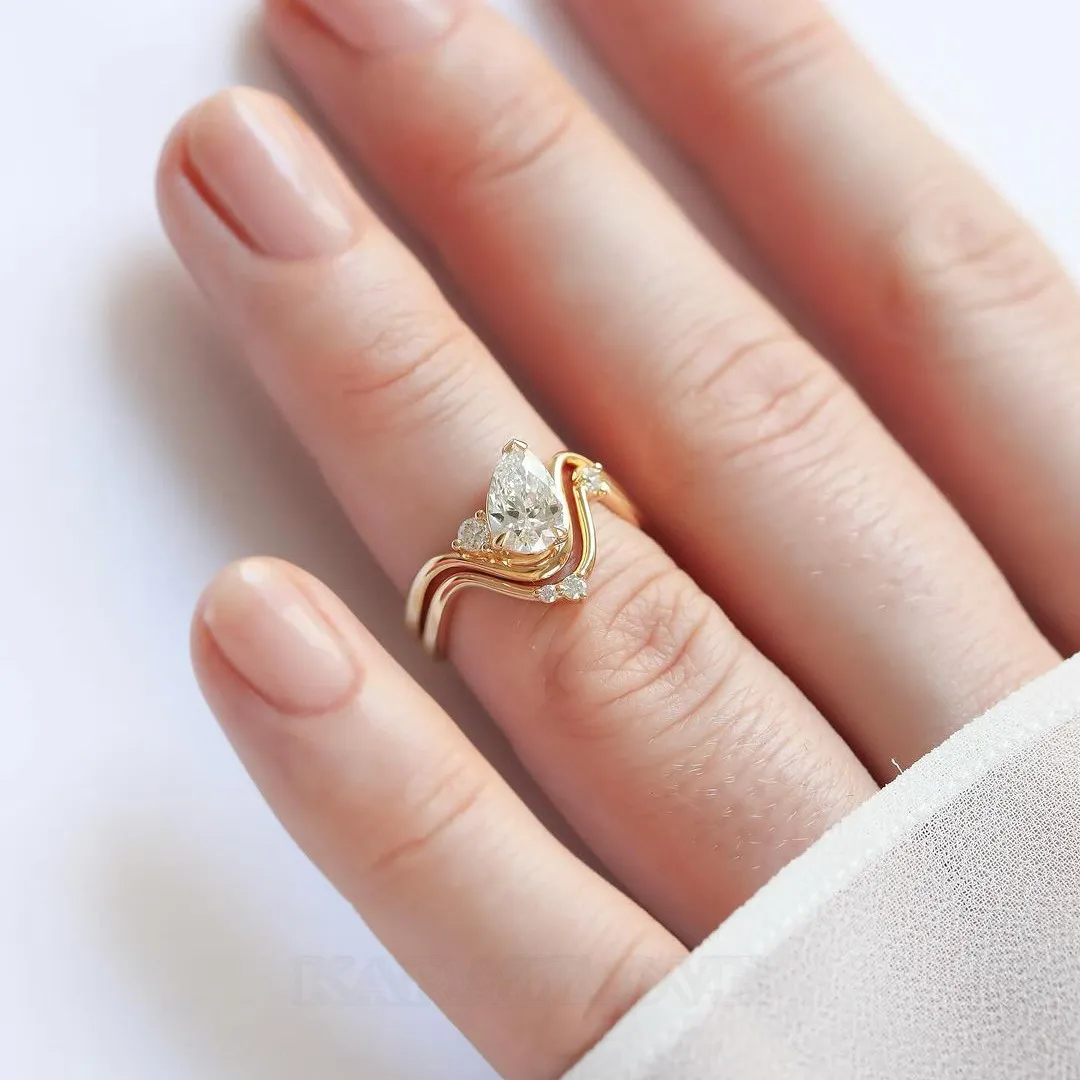 Pear Cut Diamond White 925 Sterling Silver Yellow Gold Art Deco Ring Set