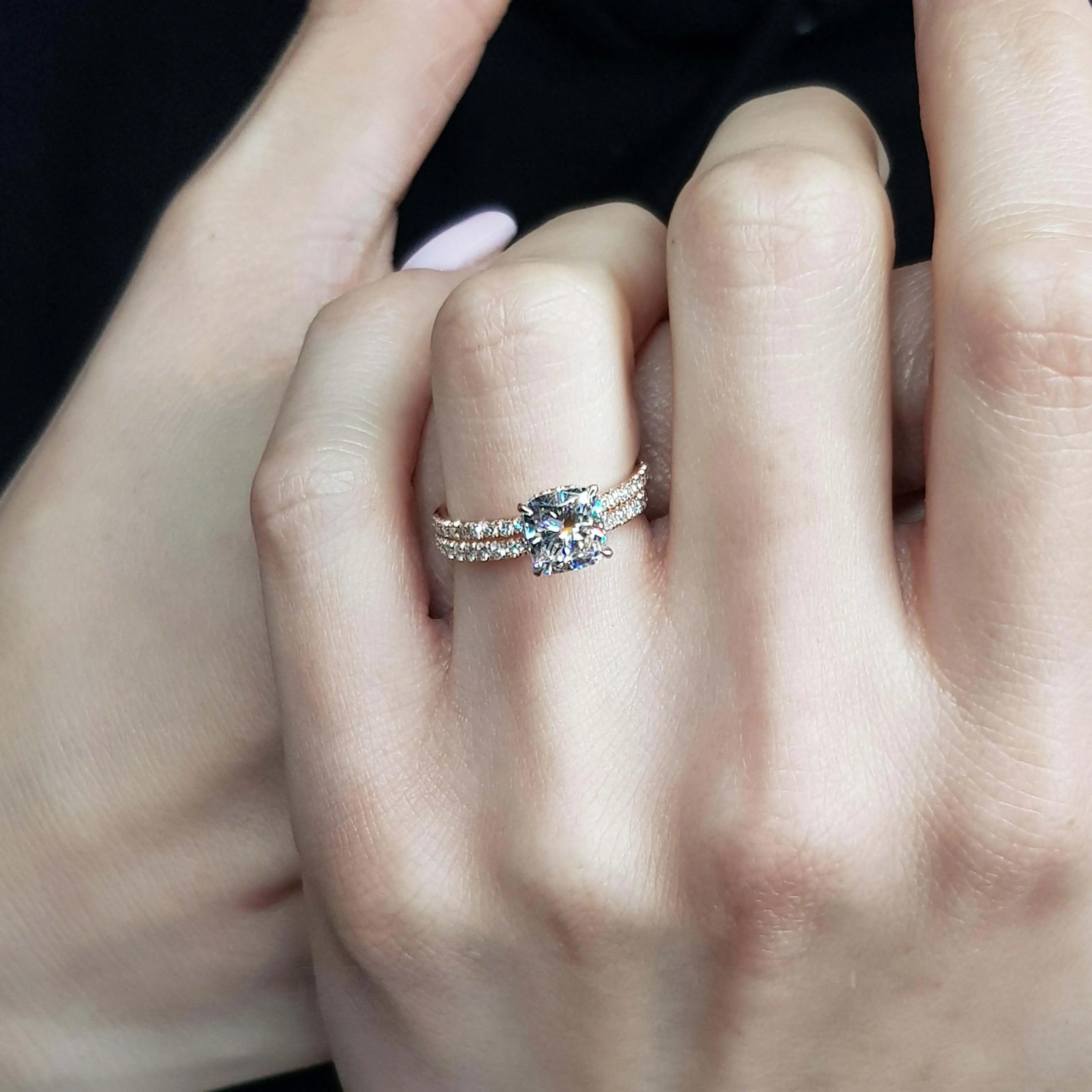 Cushion Cut Diamond White 925 Sterling Silver Rose Gold Hidden Halo Ring Set Cushion Cut Diamond White 925 Sterling Silver Rose Gold Hidden Halo Ring Set