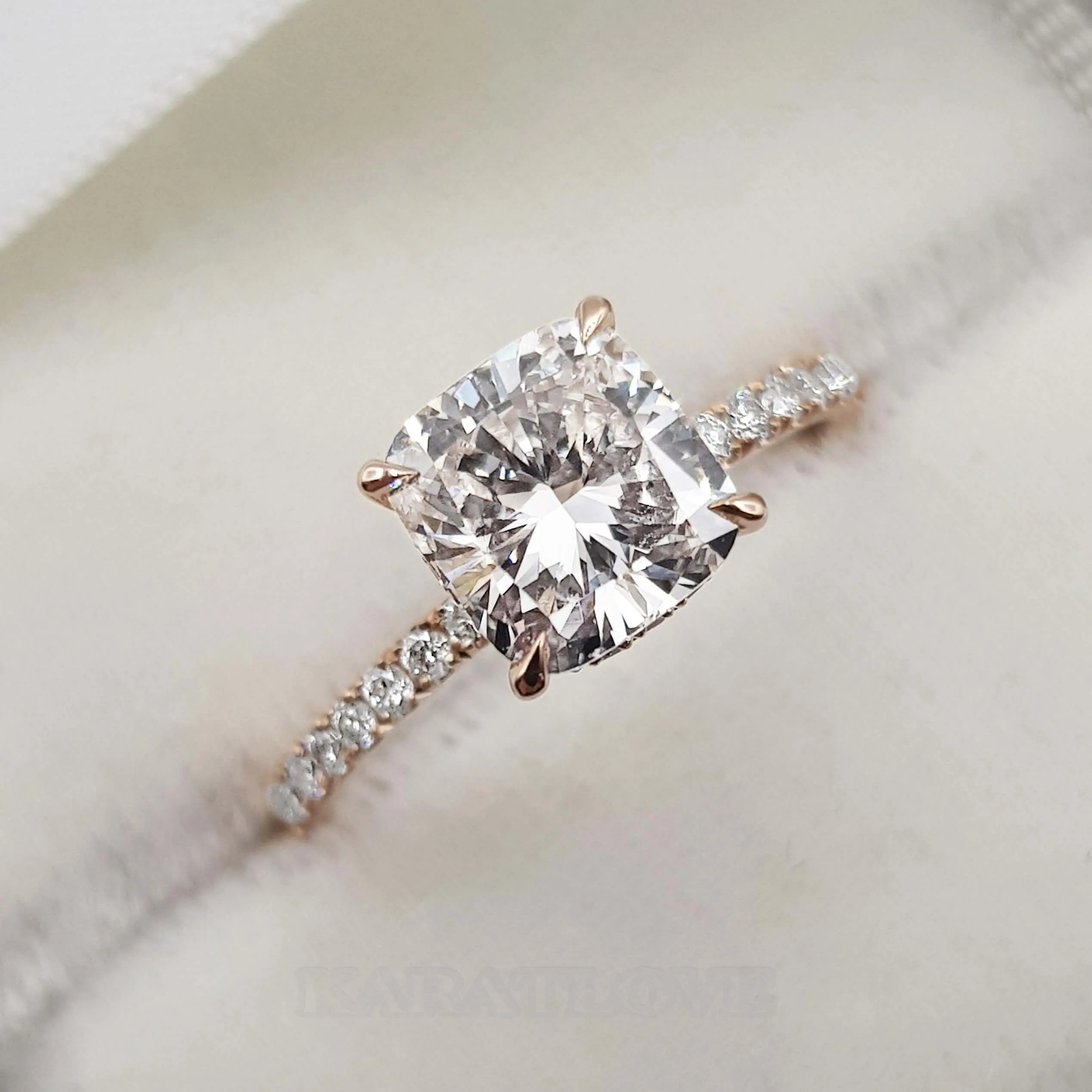 Cushion Cut Diamond White 925 Sterling Silver Rose Gold Hidden Halo Ring Set