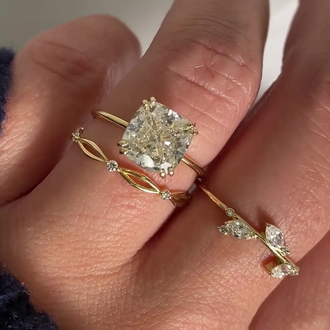 Cushion Cut Diamond White 925 Sterling Silver Yellow Gold Solitaire 3-piece Ring Set