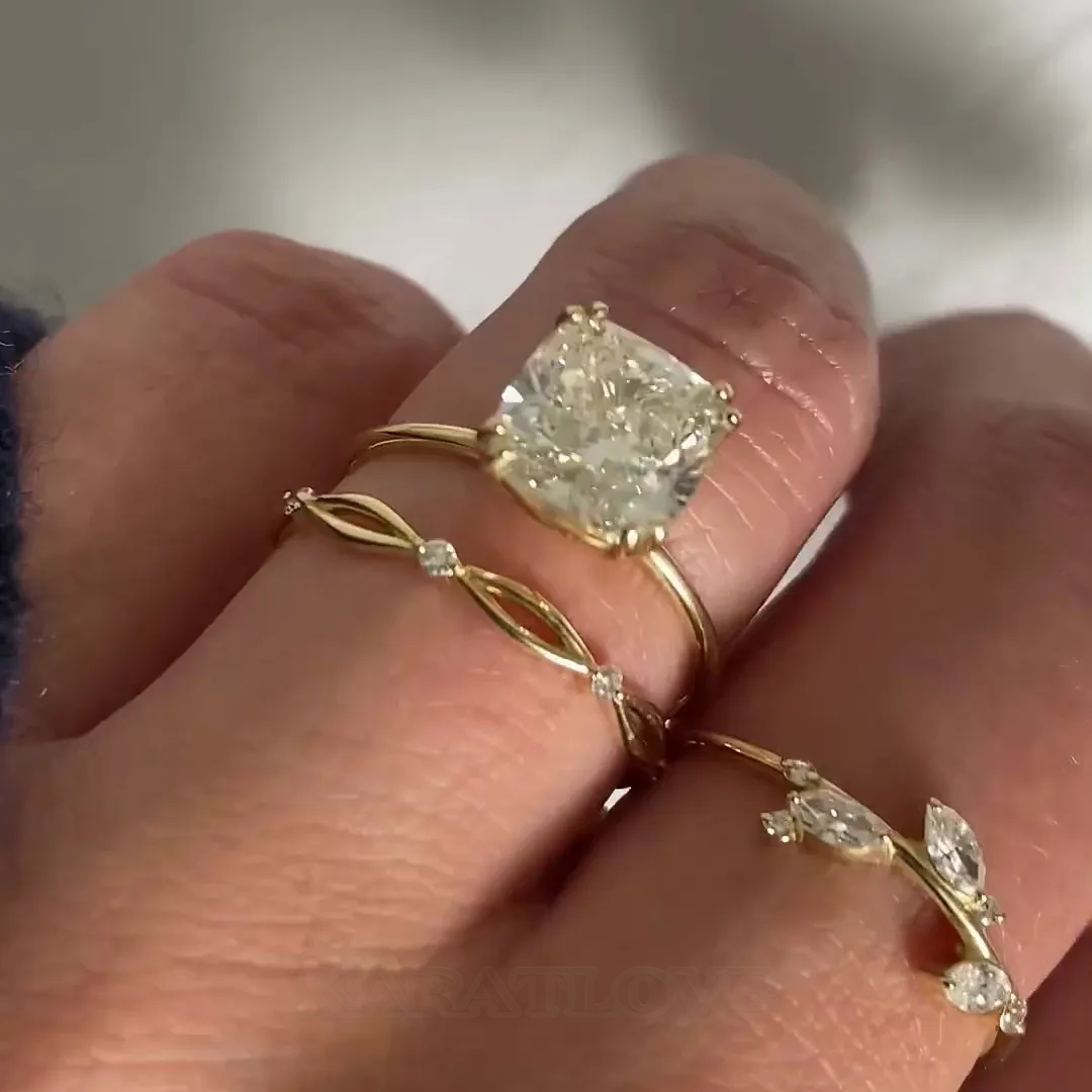 Cushion Cut Diamond White 925 Sterling Silver Yellow Gold Solitaire 3-piece Ring Set