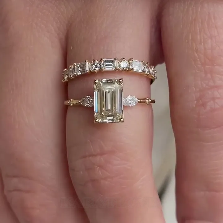 Emerald Cut Diamond White 925 Sterling Silver Yellow Gold 3-Stone Ring Set