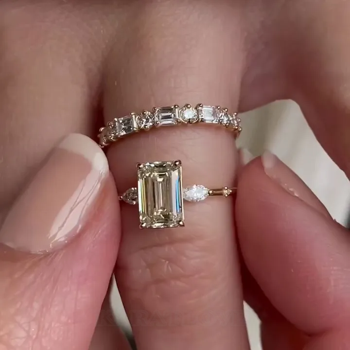 Emerald Cut Diamond White 925 Sterling Silver Yellow Gold 3-Stone Ring Set