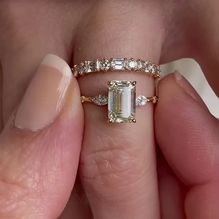 Emerald Cut Diamond White 925 Sterling Silver Yellow Gold 3-Stone Ring Set